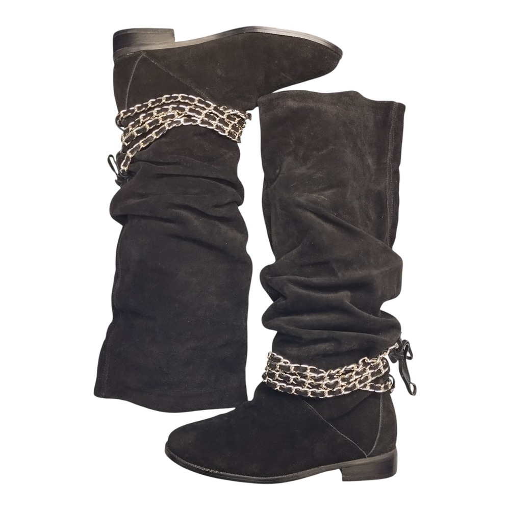 Colin Stuart Knee High Boots Womens Size 9B Black Leather Chain Strap Pull On